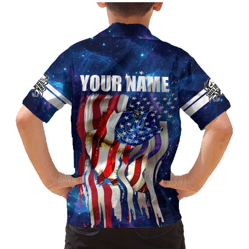 Bass Fishing Family Matching Mermaid Dress and Hawaiian Shirt American Flag Patriotic and Cosmic Galaxy in Blue Red - Wonder Print Shop