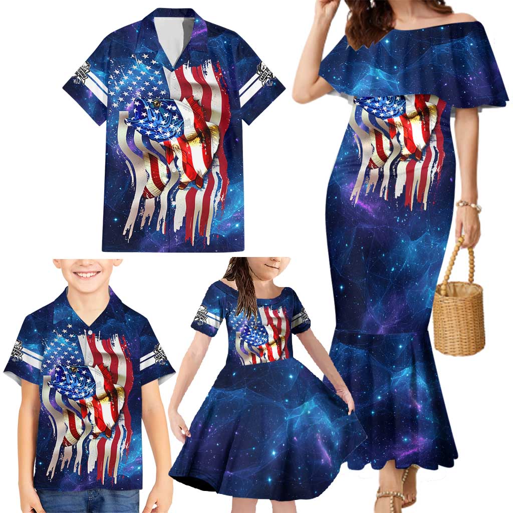 Bass Fishing Family Matching Mermaid Dress and Hawaiian Shirt American Flag Patriotic and Cosmic Galaxy in Blue Red - Wonder Print Shop