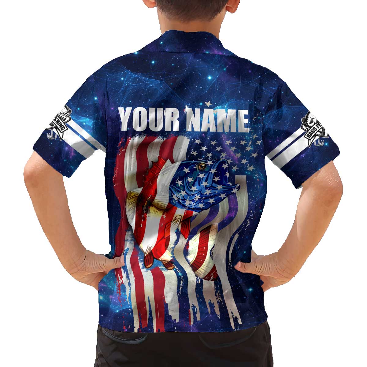 Bass Fishing Family Matching Off The Shoulder Long Sleeve Dress and Hawaiian Shirt American Flag Patriotic and Cosmic Galaxy in Blue Red - Wonder Print Shop