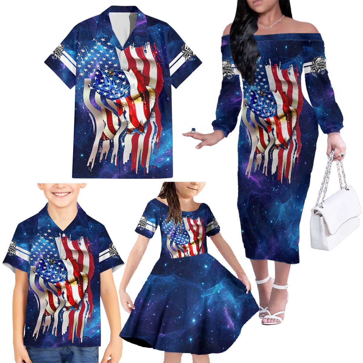 Bass Fishing Family Matching Off The Shoulder Long Sleeve Dress and Hawaiian Shirt American Flag Patriotic and Cosmic Galaxy in Blue Red - Wonder Print Shop