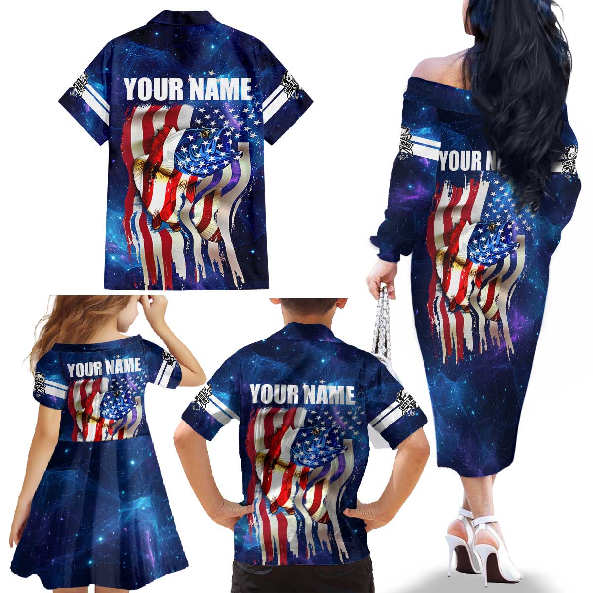 Bass Fishing Family Matching Off The Shoulder Long Sleeve Dress and Hawaiian Shirt American Flag Patriotic and Cosmic Galaxy in Blue Red - Wonder Print Shop