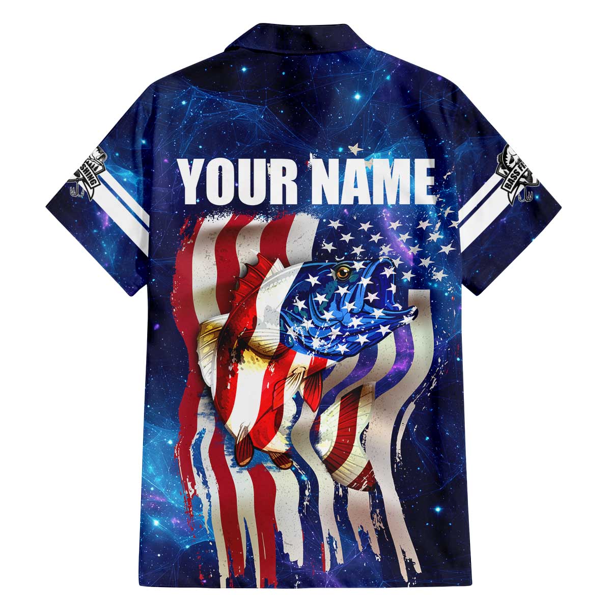 Bass Fishing Family Matching Off The Shoulder Long Sleeve Dress and Hawaiian Shirt American Flag Patriotic and Cosmic Galaxy in Blue Red - Wonder Print Shop