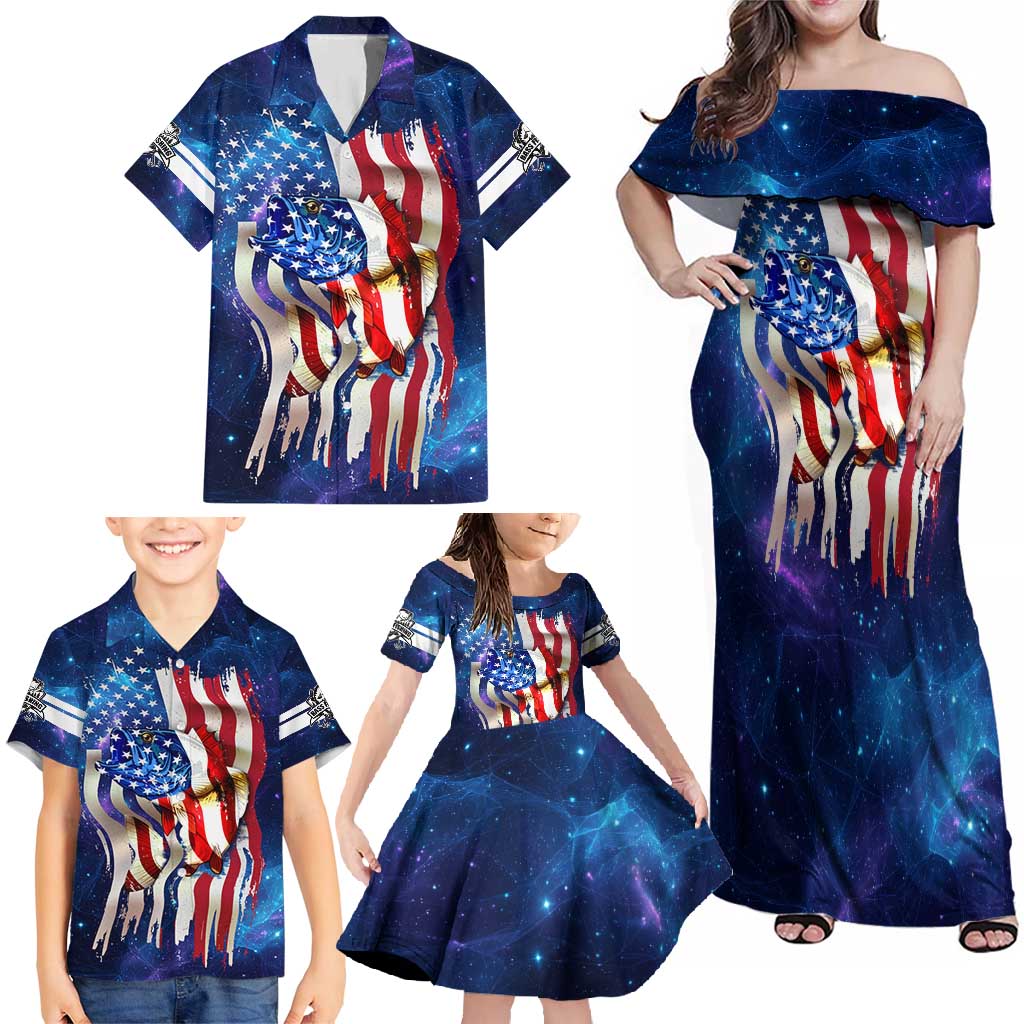 Bass Fishing Family Matching Off Shoulder Maxi Dress and Hawaiian Shirt American Flag Patriotic and Cosmic Galaxy in Blue Red - Wonder Print Shop