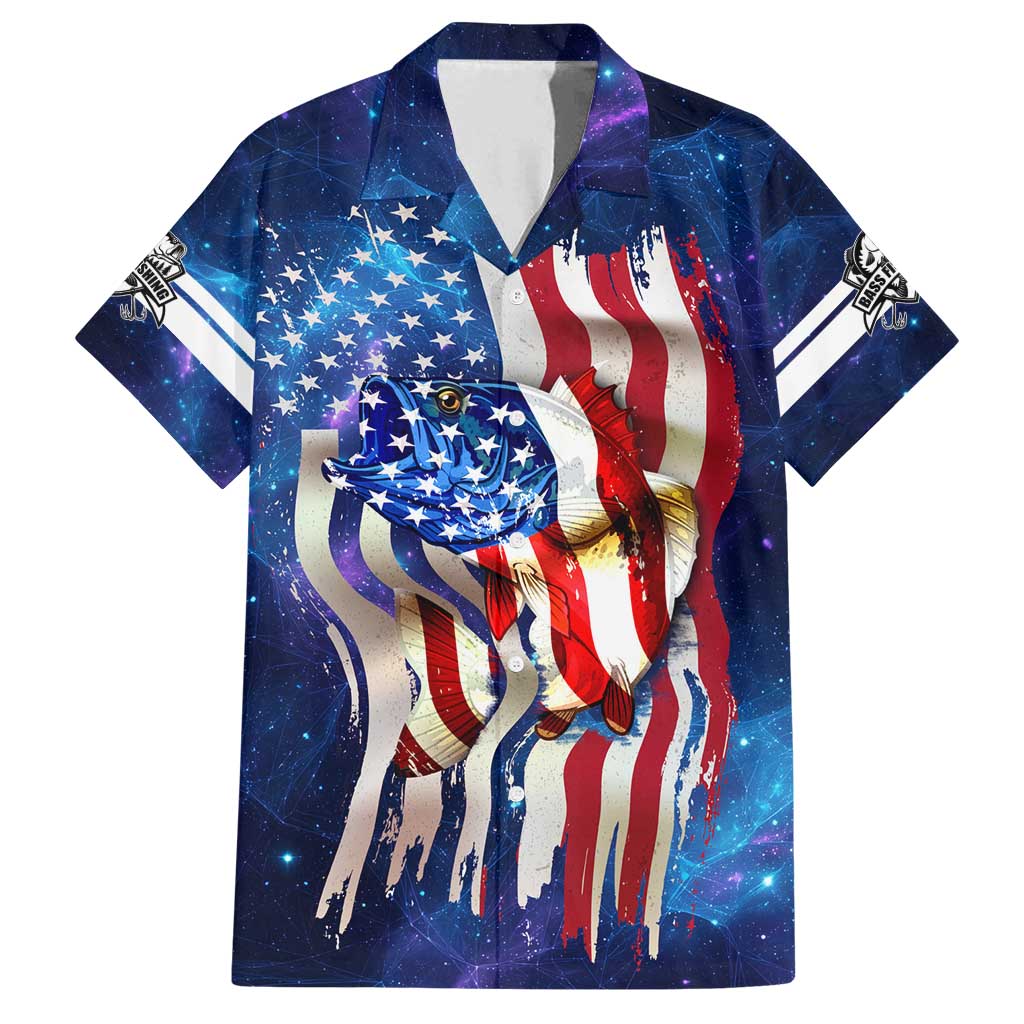 Bass Fishing Family Matching Off Shoulder Maxi Dress and Hawaiian Shirt American Flag Patriotic and Cosmic Galaxy in Blue Red - Wonder Print Shop