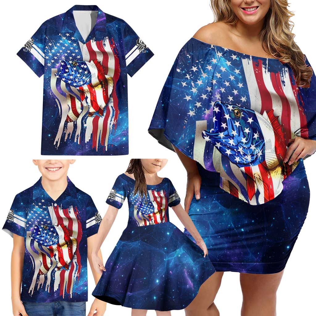 Bass Fishing Family Matching Off Shoulder Short Dress and Hawaiian Shirt American Flag Patriotic and Cosmic Galaxy in Blue Red - Wonder Print Shop