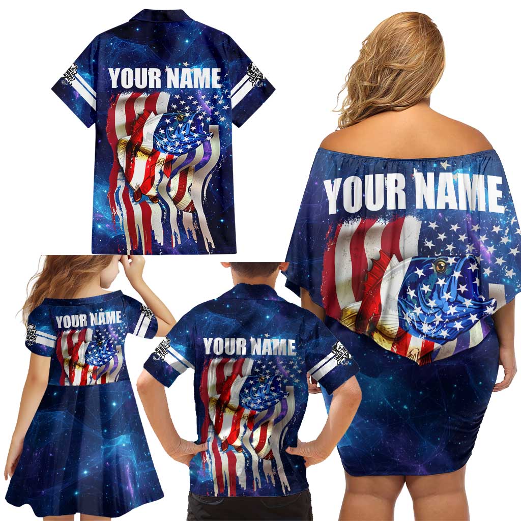Bass Fishing Family Matching Off Shoulder Short Dress and Hawaiian Shirt American Flag Patriotic and Cosmic Galaxy in Blue Red - Wonder Print Shop
