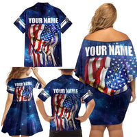 Bass Fishing Family Matching Off Shoulder Short Dress and Hawaiian Shirt American Flag Patriotic and Cosmic Galaxy in Blue Red - Wonder Print Shop