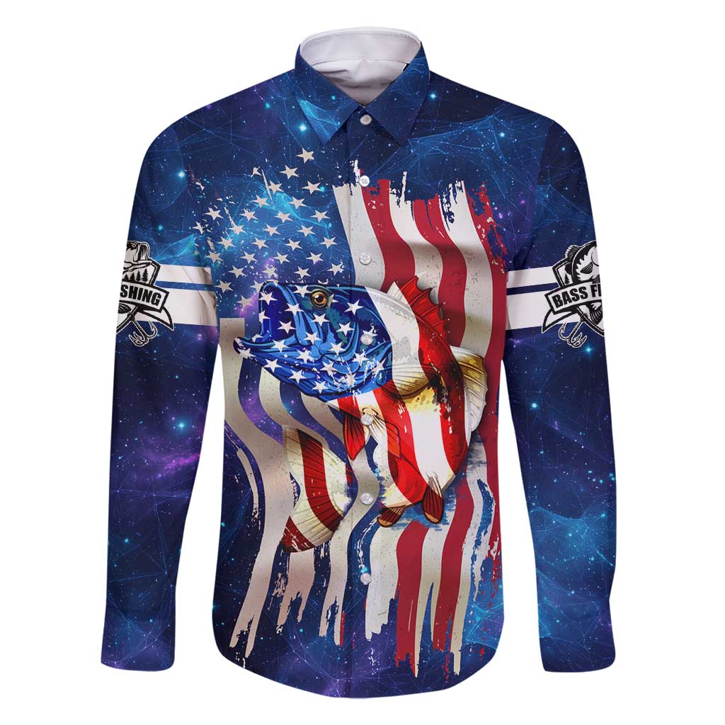 Bass Fishing Family Matching Off Shoulder Short Dress and Hawaiian Shirt American Flag Patriotic and Cosmic Galaxy in Blue Red - Wonder Print Shop