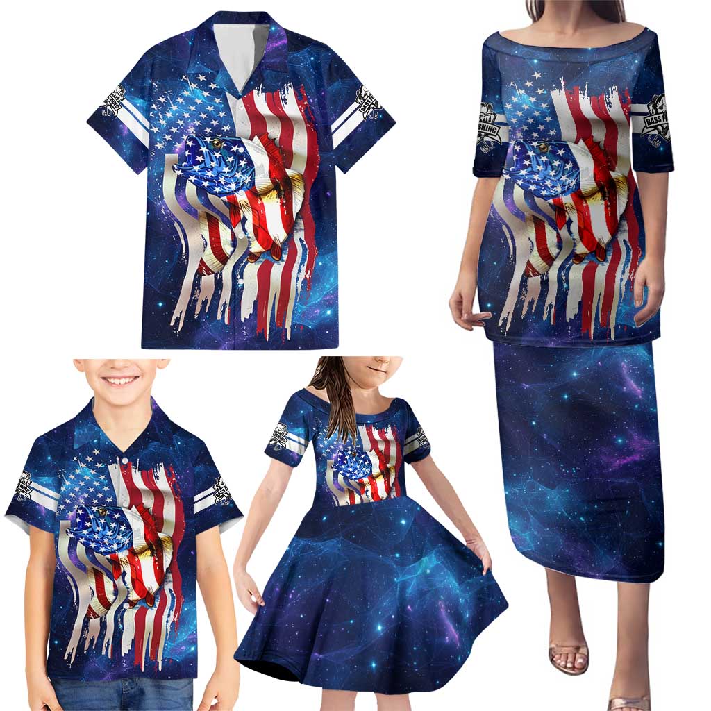 Bass Fishing Family Matching Puletasi and Hawaiian Shirt American Flag Patriotic and Cosmic Galaxy in Blue Red - Wonder Print Shop