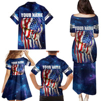 Bass Fishing Family Matching Puletasi and Hawaiian Shirt American Flag Patriotic and Cosmic Galaxy in Blue Red - Wonder Print Shop