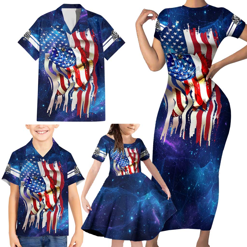 Bass Fishing Family Matching Short Sleeve Bodycon Dress and Hawaiian Shirt American Flag Patriotic and Cosmic Galaxy in Blue Red - Wonder Print Shop