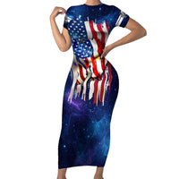 Bass Fishing Family Matching Short Sleeve Bodycon Dress and Hawaiian Shirt American Flag Patriotic and Cosmic Galaxy in Blue Red - Wonder Print Shop