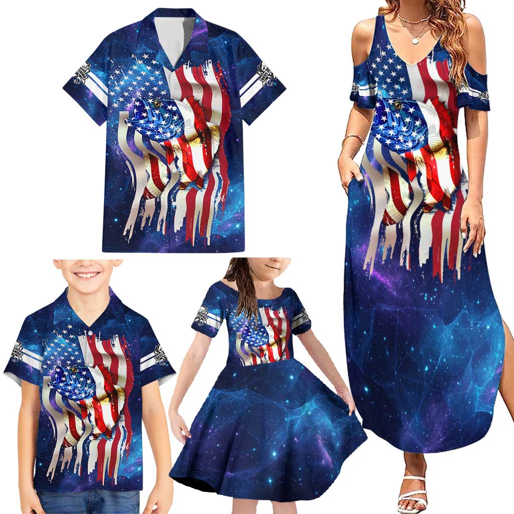 Bass Fishing Family Matching Summer Maxi Dress and Hawaiian Shirt American Flag Patriotic and Cosmic Galaxy in Blue Red - Wonder Print Shop