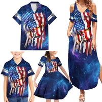 Bass Fishing Family Matching Summer Maxi Dress and Hawaiian Shirt American Flag Patriotic and Cosmic Galaxy in Blue Red - Wonder Print Shop