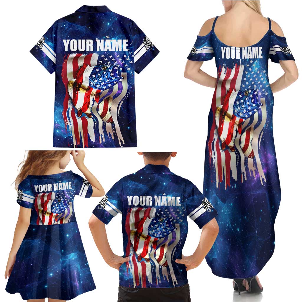 Bass Fishing Family Matching Summer Maxi Dress and Hawaiian Shirt American Flag Patriotic and Cosmic Galaxy in Blue Red - Wonder Print Shop