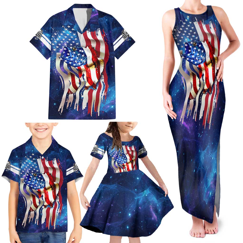 Bass Fishing Family Matching Tank Maxi Dress and Hawaiian Shirt American Flag Patriotic and Cosmic Galaxy in Blue Red - Wonder Print Shop