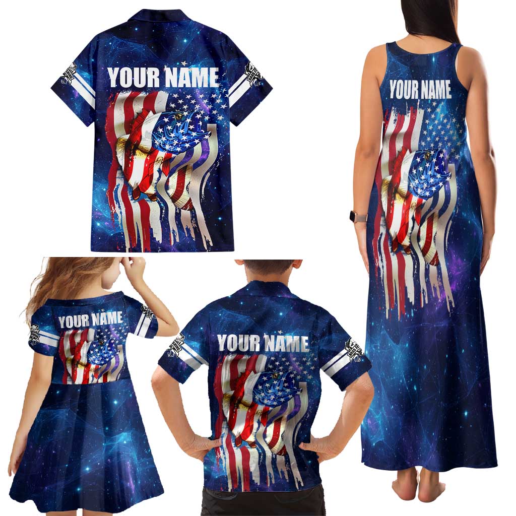 Bass Fishing Family Matching Tank Maxi Dress and Hawaiian Shirt American Flag Patriotic and Cosmic Galaxy in Blue Red - Wonder Print Shop