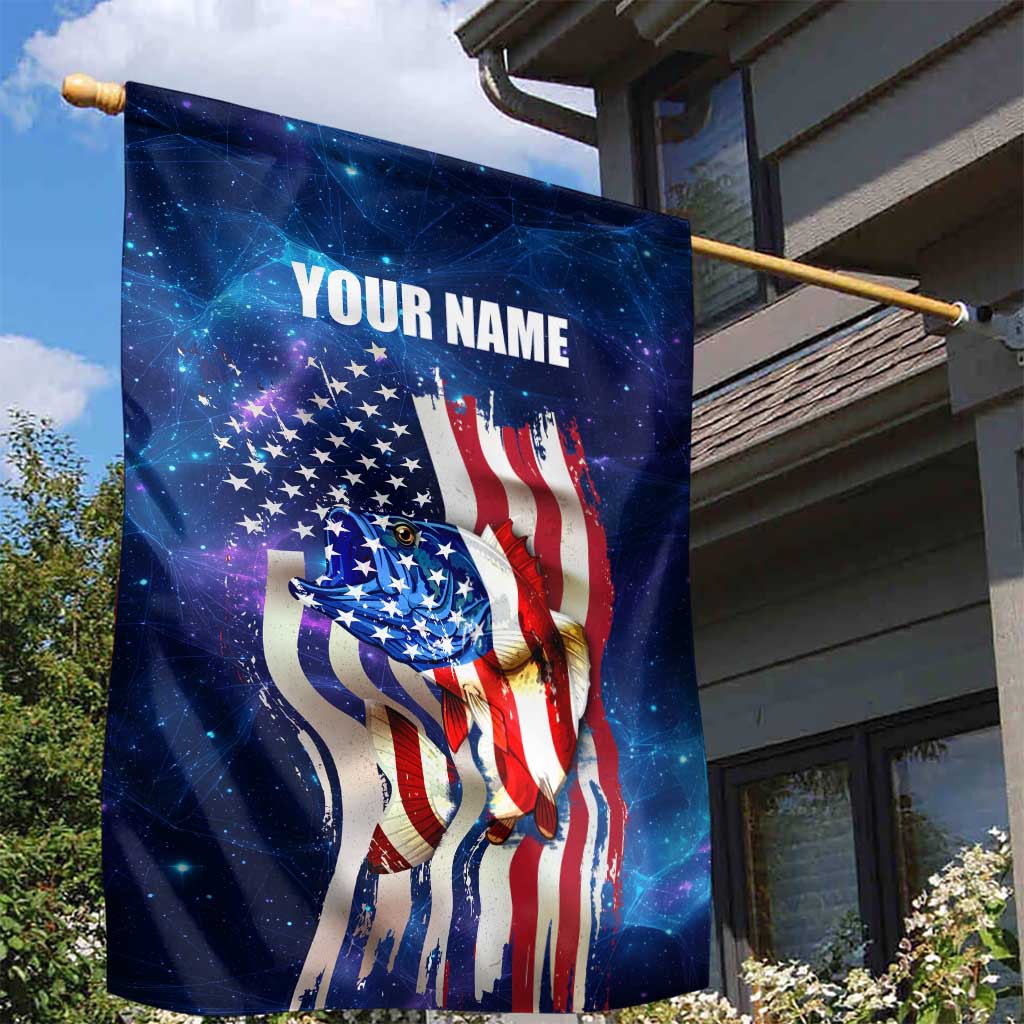 Bass Fishing Garden Flag American Flag Patriotic and Cosmic Galaxy in Blue Red - Wonder Print Shop
