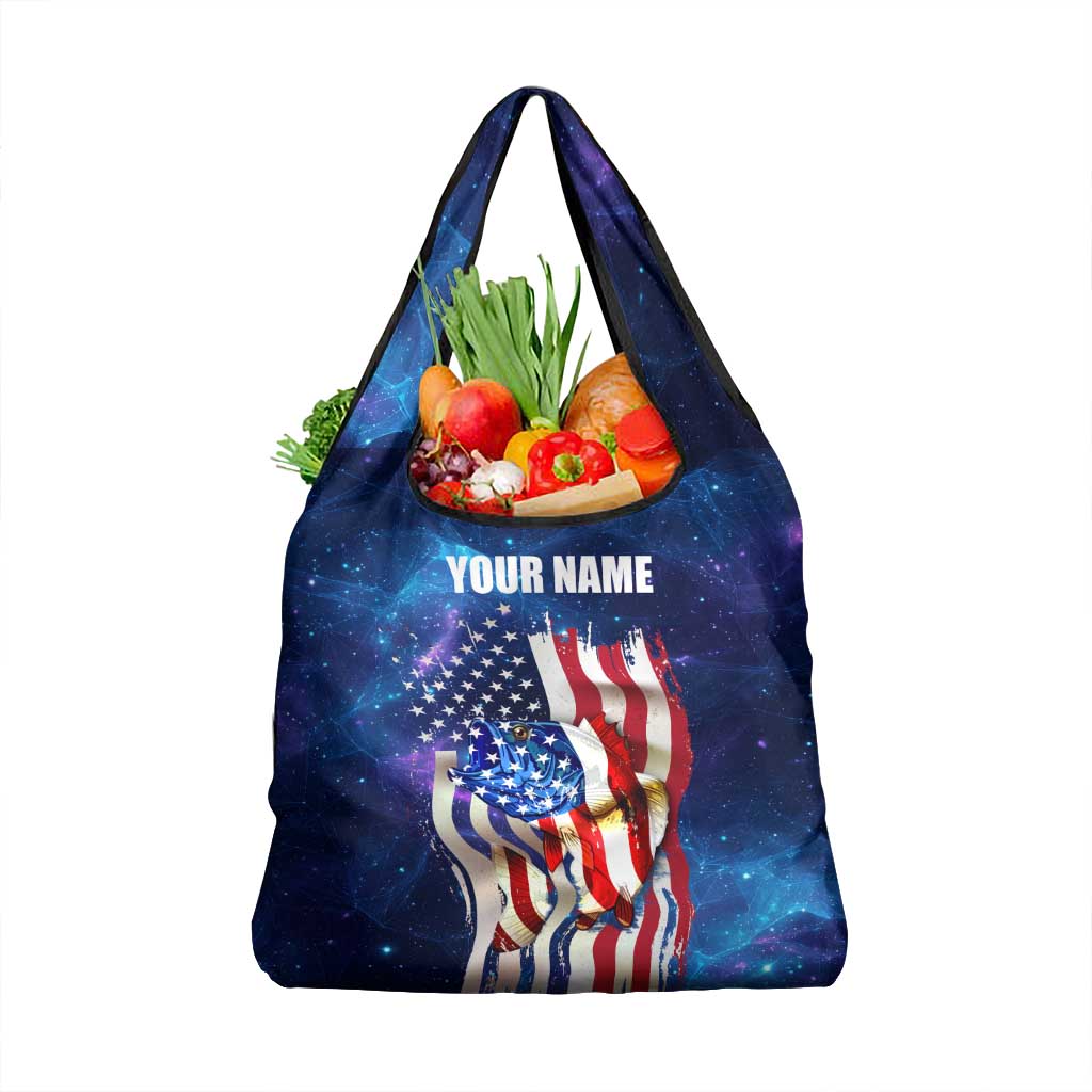 Bass Fishing Grocery Bag American Flag Patriotic and Cosmic Galaxy in Blue Red - Wonder Print Shop