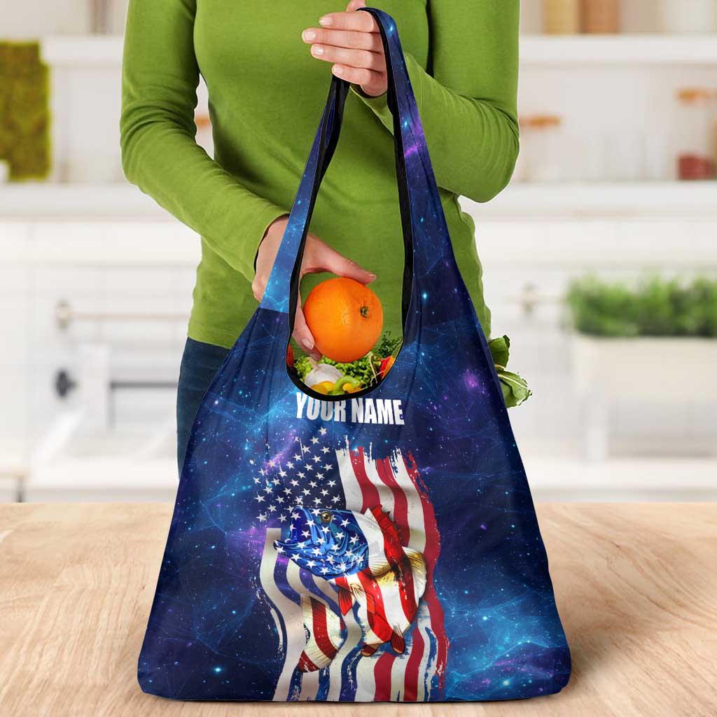 Bass Fishing Grocery Bag American Flag Patriotic and Cosmic Galaxy in Blue Red - Wonder Print Shop