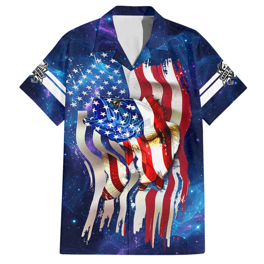 Bass Fishing Hawaiian Shirt American Flag Patriotic and Cosmic Galaxy in Blue Red - Wonder Print Shop