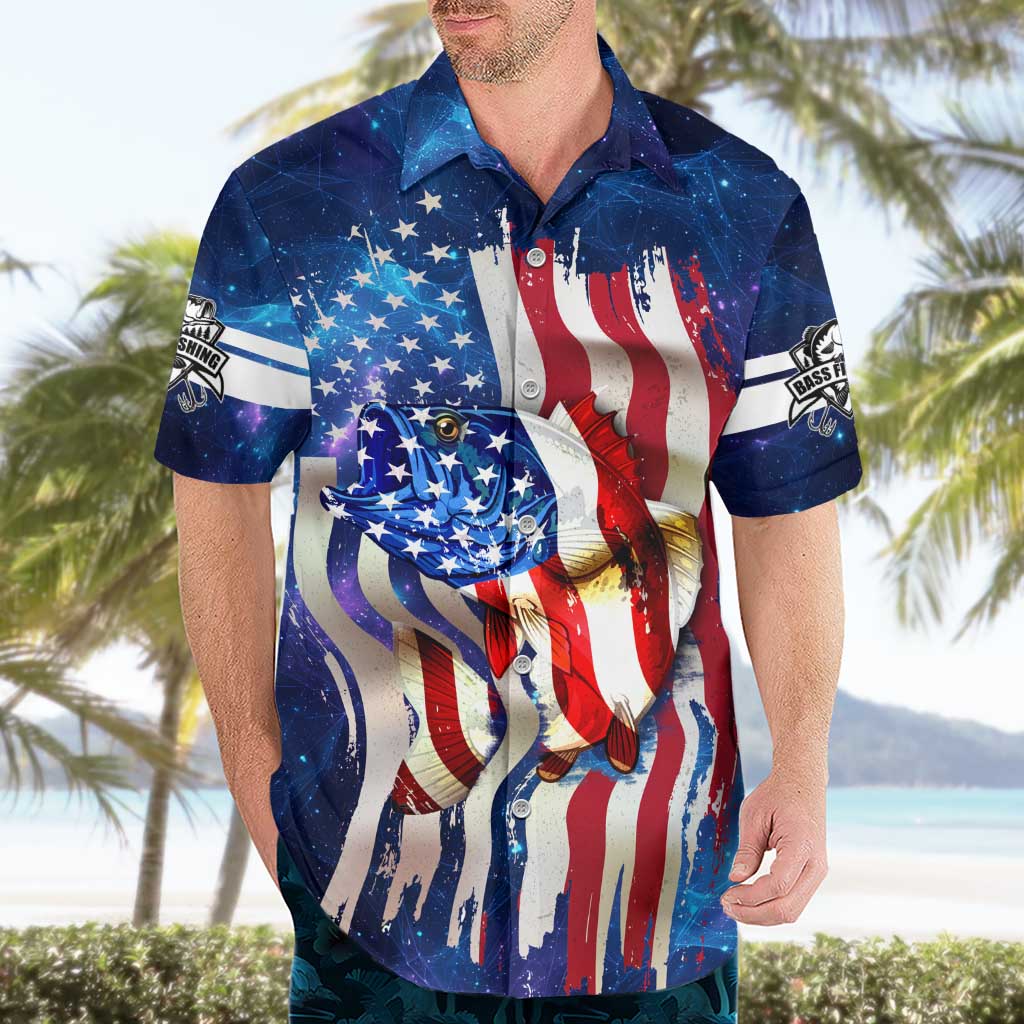 Bass Fishing Hawaiian Shirt American Flag Patriotic and Cosmic Galaxy in Blue Red - Wonder Print Shop