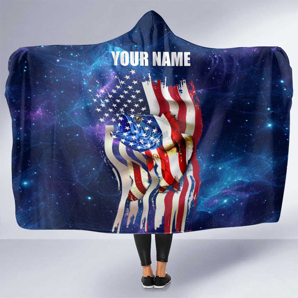 Bass Fishing Hooded Blanket American Flag Patriotic and Cosmic Galaxy in Blue Red - Wonder Print Shop