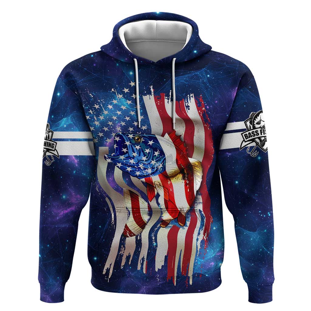 Bass Fishing Hoodie American Flag Patriotic and Cosmic Galaxy in Blue Red - Wonder Print Shop