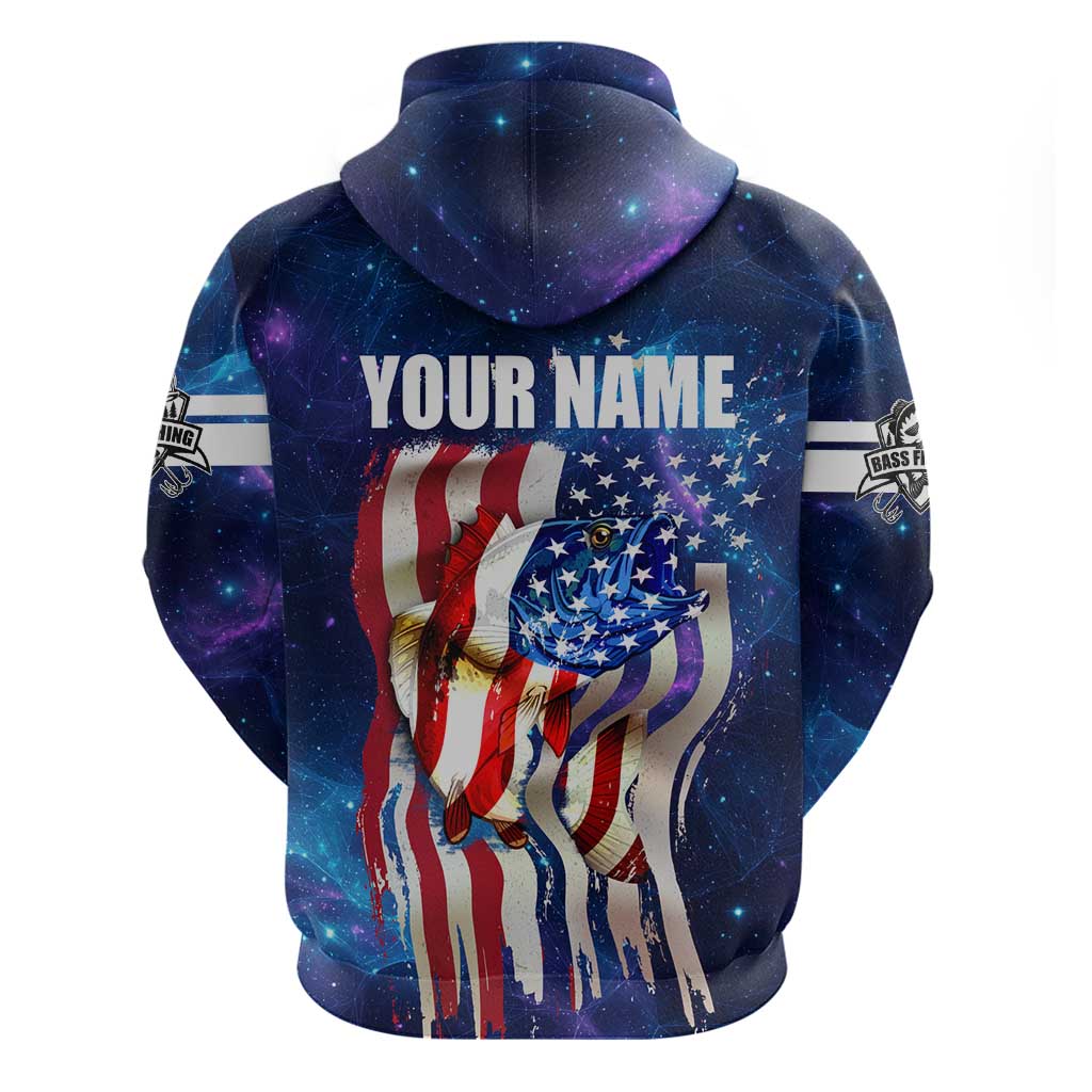 Bass Fishing Hoodie American Flag Patriotic and Cosmic Galaxy in Blue Red - Wonder Print Shop