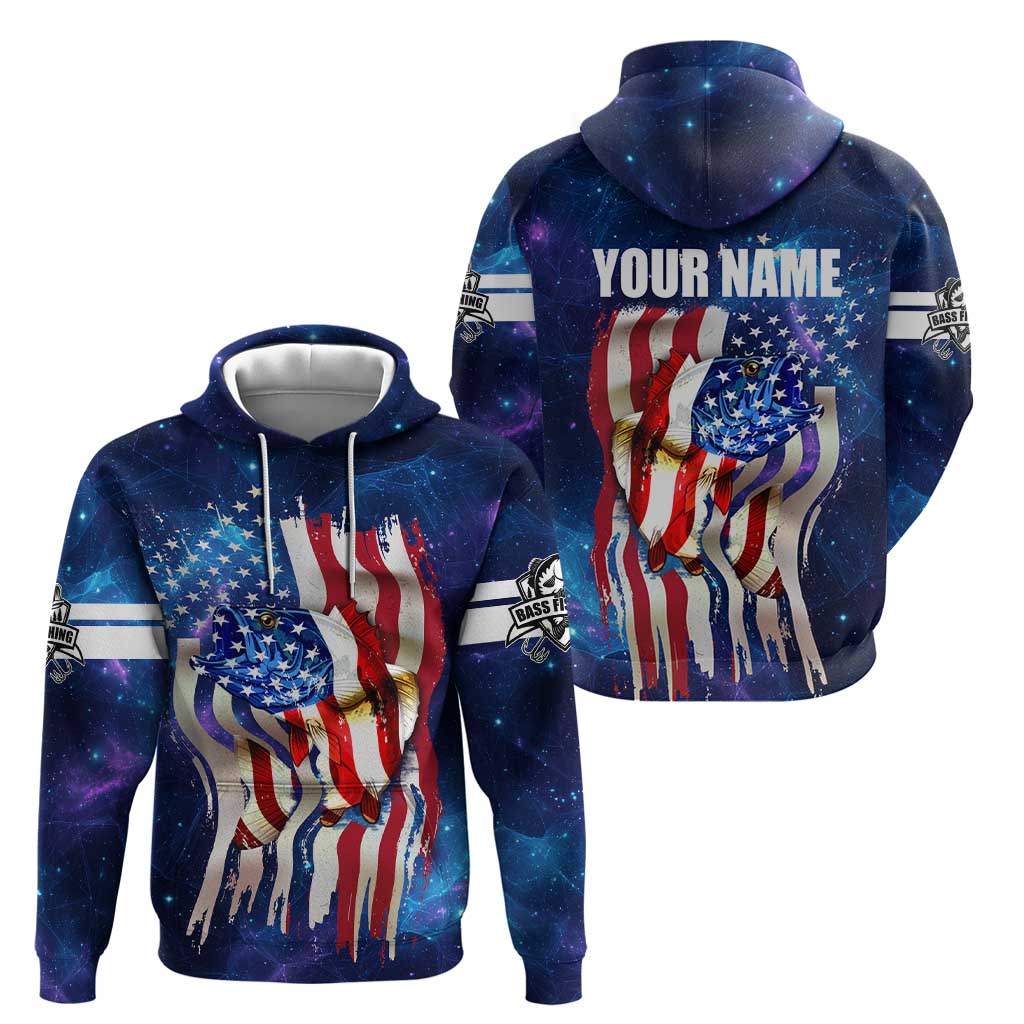 Bass Fishing Hoodie American Flag Patriotic and Cosmic Galaxy in Blue Red - Wonder Print Shop