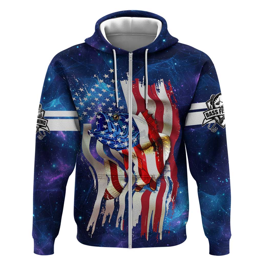 Bass Fishing Hoodie American Flag Patriotic and Cosmic Galaxy in Blue Red - Wonder Print Shop