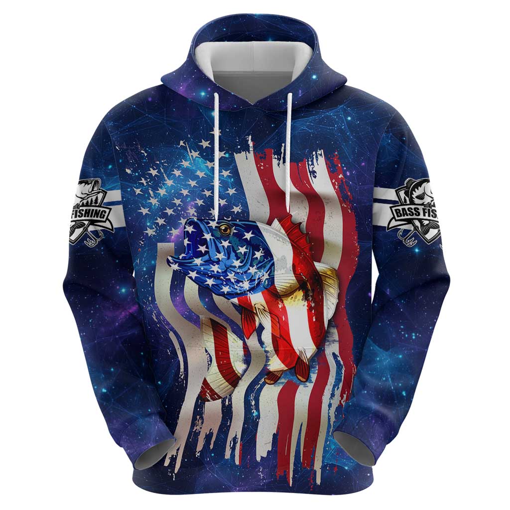 Bass Fishing Hoodie American Flag Patriotic and Cosmic Galaxy in Blue Red - Wonder Print Shop