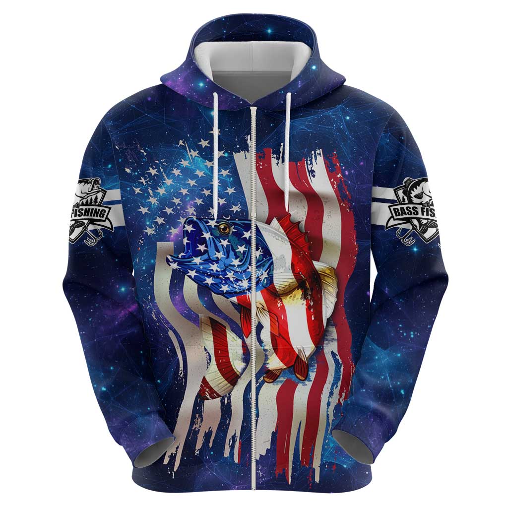 Bass Fishing Hoodie American Flag Patriotic and Cosmic Galaxy in Blue Red - Wonder Print Shop