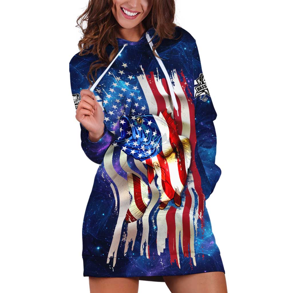 Bass Fishing Hoodie Dress American Flag Patriotic and Cosmic Galaxy in Blue Red - Wonder Print Shop