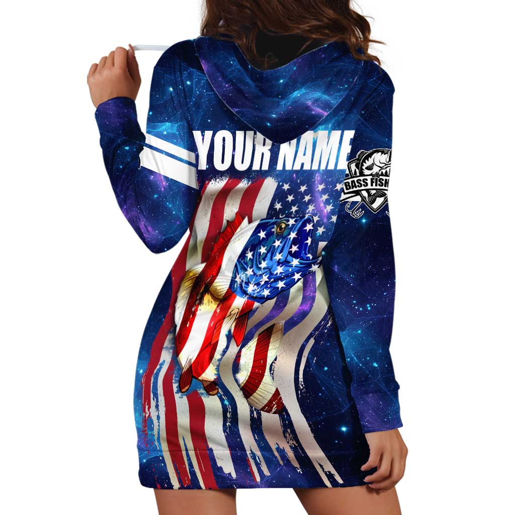 Bass Fishing Hoodie Dress American Flag Patriotic and Cosmic Galaxy in Blue Red - Wonder Print Shop