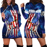 Bass Fishing Hoodie Dress American Flag Patriotic and Cosmic Galaxy in Blue Red - Wonder Print Shop