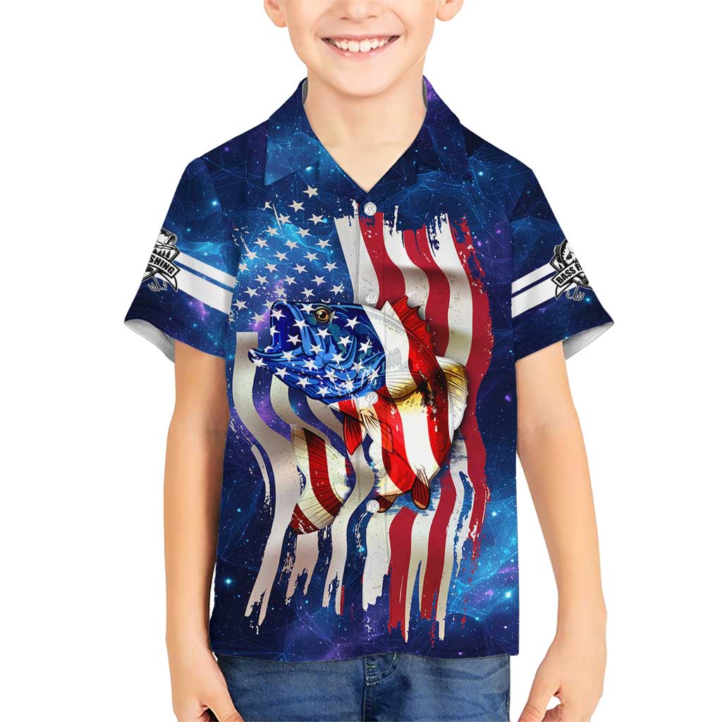 Bass Fishing Kid Hawaiian Shirt American Flag Patriotic and Cosmic Galaxy in Blue Red - Wonder Print Shop