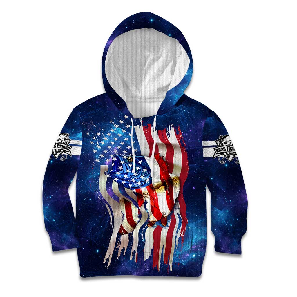 Bass Fishing Kid Hoodie American Flag Patriotic and Cosmic Galaxy in Blue Red - Wonder Print Shop