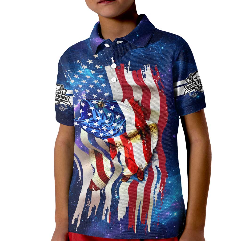 Bass Fishing Kid Polo Shirt American Flag Patriotic and Cosmic Galaxy in Blue Red - Wonder Print Shop