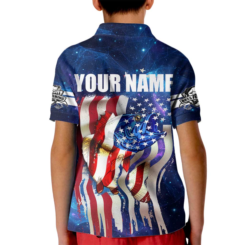 Bass Fishing Kid Polo Shirt American Flag Patriotic and Cosmic Galaxy in Blue Red - Wonder Print Shop