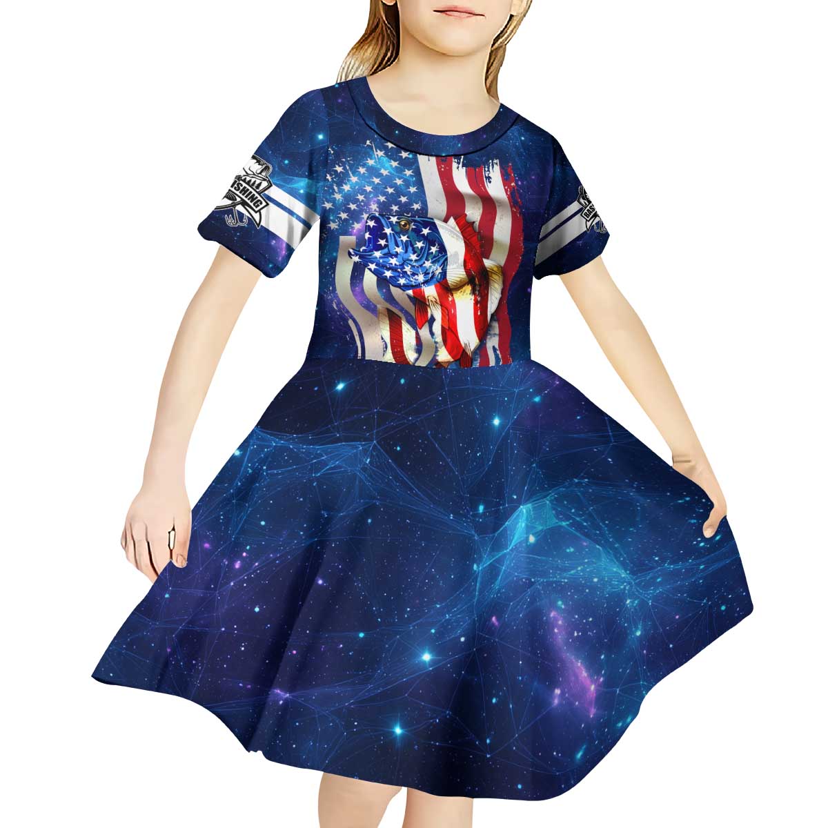 Bass Fishing Kid Short Sleeve Dress American Flag Patriotic and Cosmic Galaxy in Blue Red - Wonder Print Shop