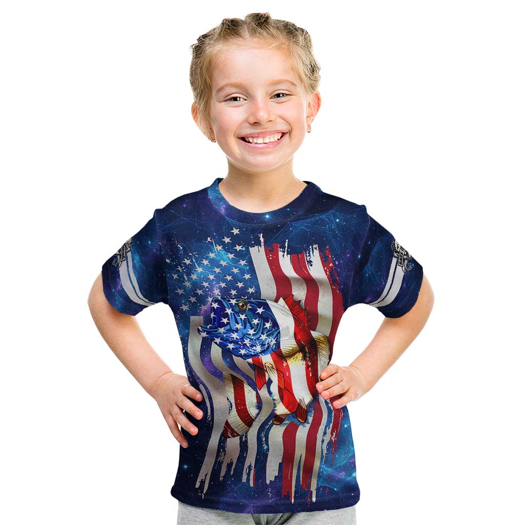 Bass Fishing Kid T Shirt American Flag Patriotic and Cosmic Galaxy in Blue Red - Wonder Print Shop