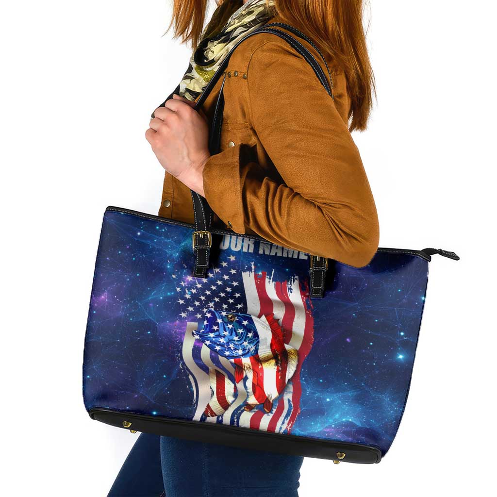 Bass Fishing Leather Tote Bag American Flag Patriotic and Cosmic Galaxy in Blue Red - Wonder Print Shop