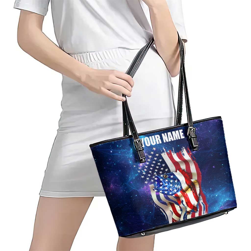 Bass Fishing Leather Tote Bag American Flag Patriotic and Cosmic Galaxy in Blue Red - Wonder Print Shop
