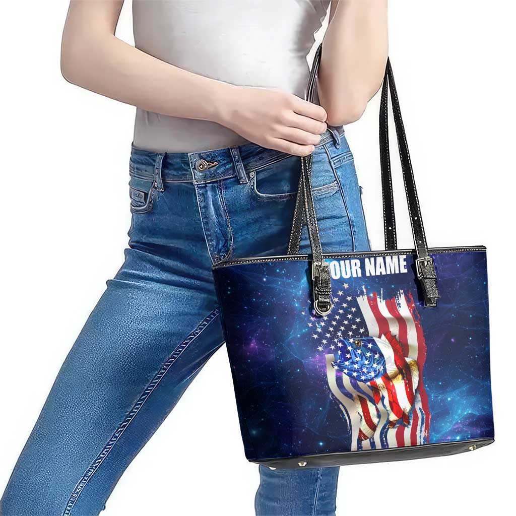Bass Fishing Leather Tote Bag American Flag Patriotic and Cosmic Galaxy in Blue Red - Wonder Print Shop