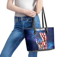 Bass Fishing Leather Tote Bag American Flag Patriotic and Cosmic Galaxy in Blue Red - Wonder Print Shop