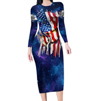 Bass Fishing Long Sleeve Bodycon Dress American Flag Patriotic and Cosmic Galaxy in Blue Red - Wonder Print Shop