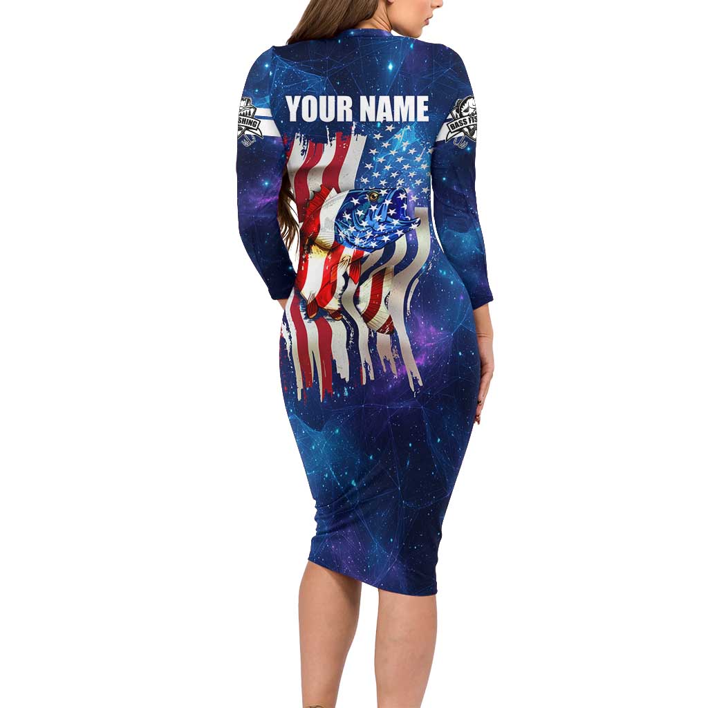 Bass Fishing Long Sleeve Bodycon Dress American Flag Patriotic and Cosmic Galaxy in Blue Red - Wonder Print Shop