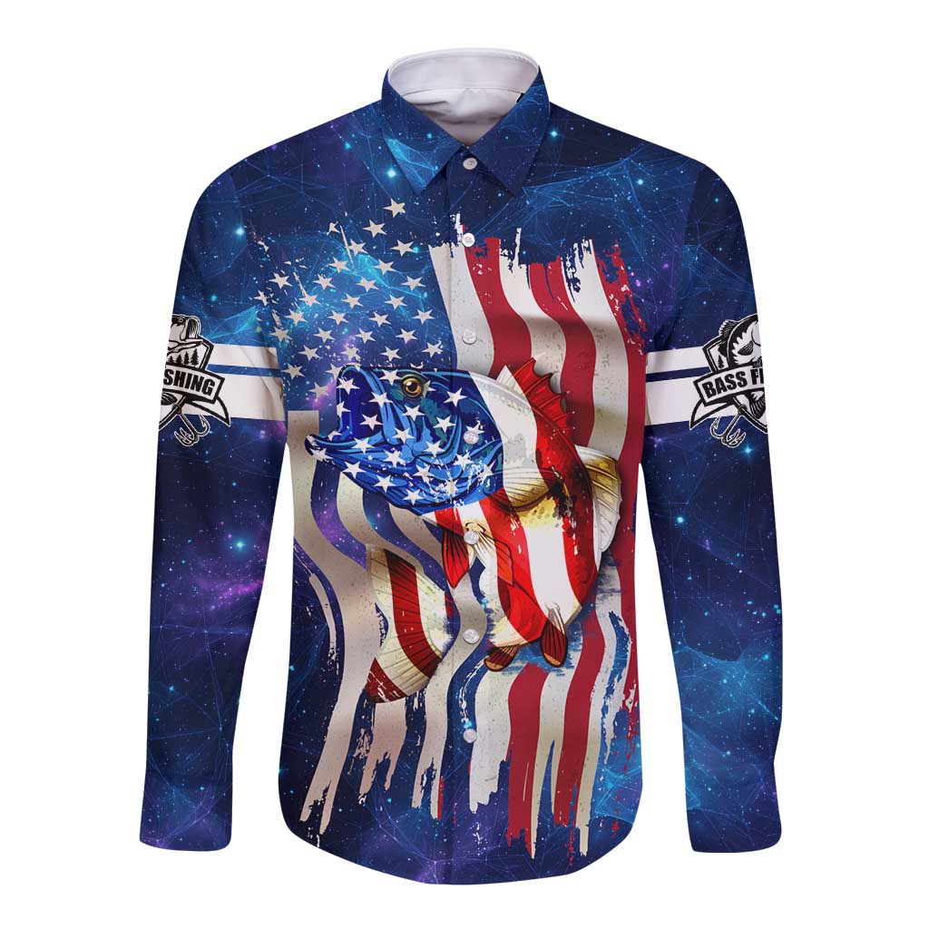 Bass Fishing Long Sleeve Button Shirt American Flag Patriotic and Cosmic Galaxy in Blue Red - Wonder Print Shop