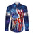 Bass Fishing Long Sleeve Button Shirt American Flag Patriotic and Cosmic Galaxy in Blue Red - Wonder Print Shop